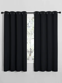 1pc Black Faux Silk Window Curtain - Black - View 1