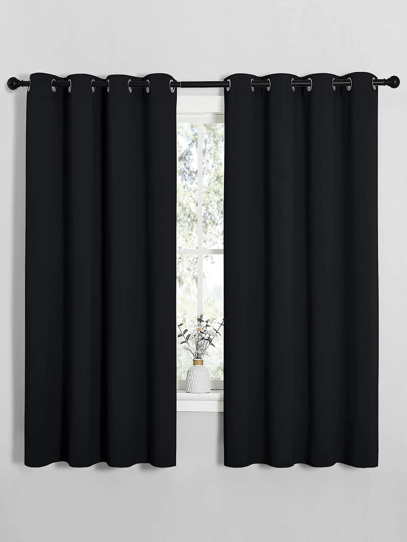 1pc Black Faux Silk Window Curtain - Black - View 1