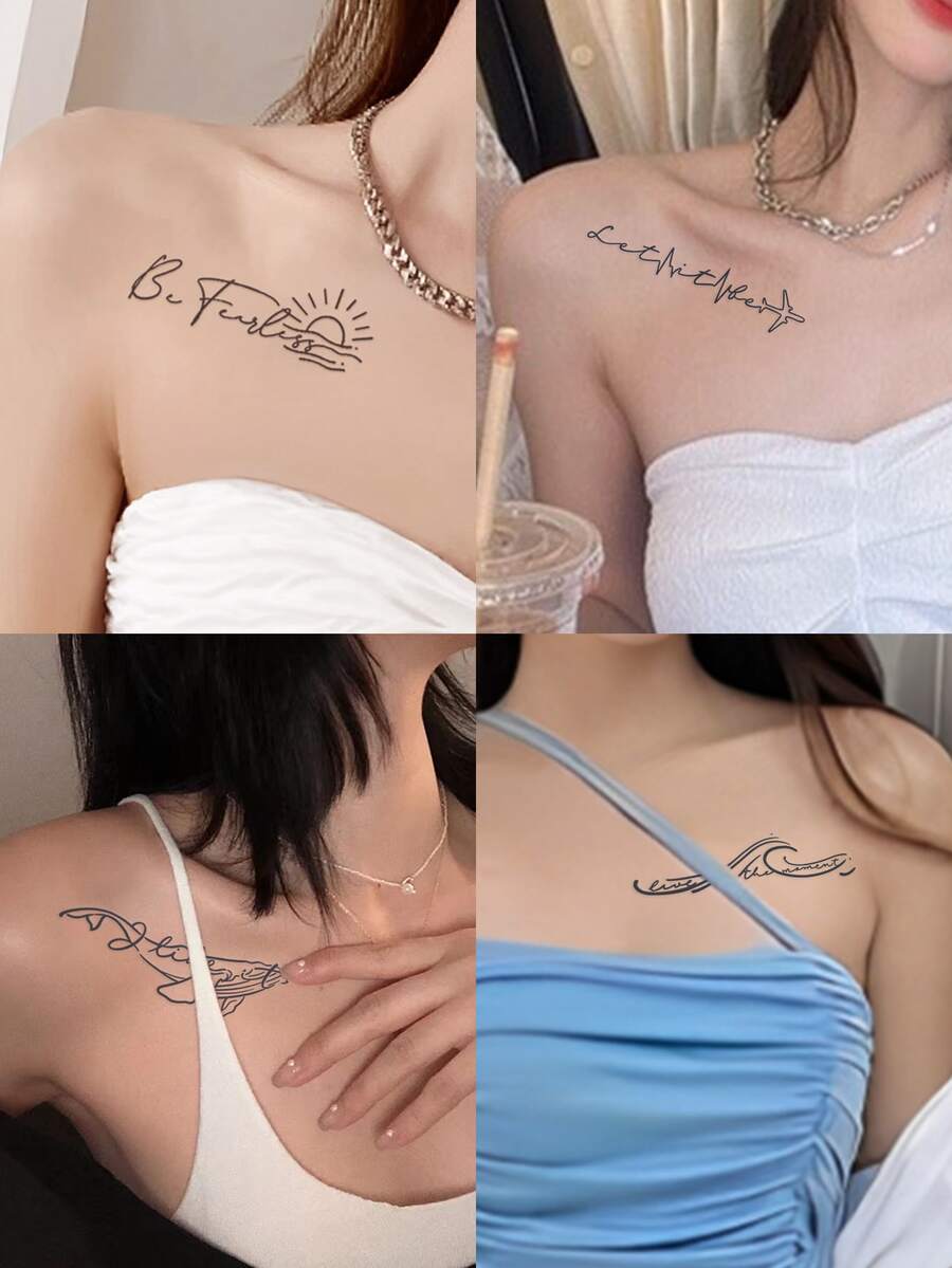 4 Cái/bộ Sáng Tạo Cá Voi, Hoàng Hôn, Sóng Biển Và Họa Tiết Máy Bay Hình Xăm Tạm Thời Với Từ Tiếng Anh - màu đen - Xem 1