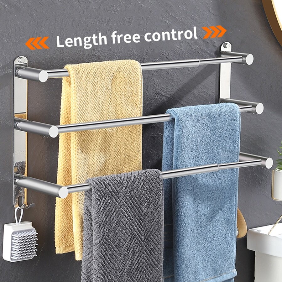 Thanh Treo Khăn Có Thể Điều Chỉnh Chiều Dài 17-30in, Giá Treo Khăn Phòng Tắm Có Móc Treo, Thanh Treo Khăn Treo Tường Bằng Thép Không Gỉ 2/3 Lớp, Thanh Treo Khăn Có Thể Tháo Rời Không Cần Khoan Có Keo Dán Cho Phòng Tắm - Bạc - Xem 1