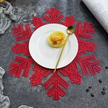 Nordic Style Table Mat, Heat-resistant Placemat With Hollow-out Christmas Snowflake Pattern For Western Meal, 1pc - Red - View 2