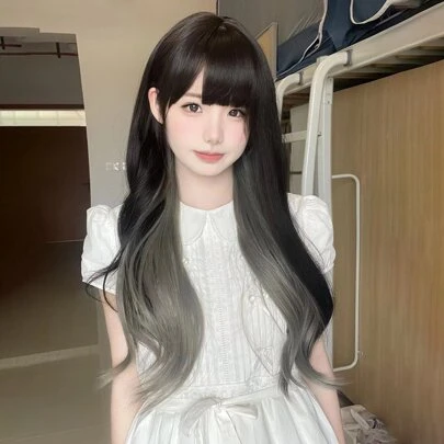 Women's Synthetic Full Head Cap Long Straight Hair Wig, With Air Bangs, Gray & Brown & Black Mixed Color, Summer Hairstyle