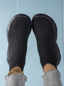 Của phụ nữ Tối giản Đen Thời gian rảnh rỗi Dệt kim Vớ Giày dép , High Top Bằng phẳng Một Chân Giày lười Giày bốt vớ Đối với Ngoài trời - màu đen - Xem 1