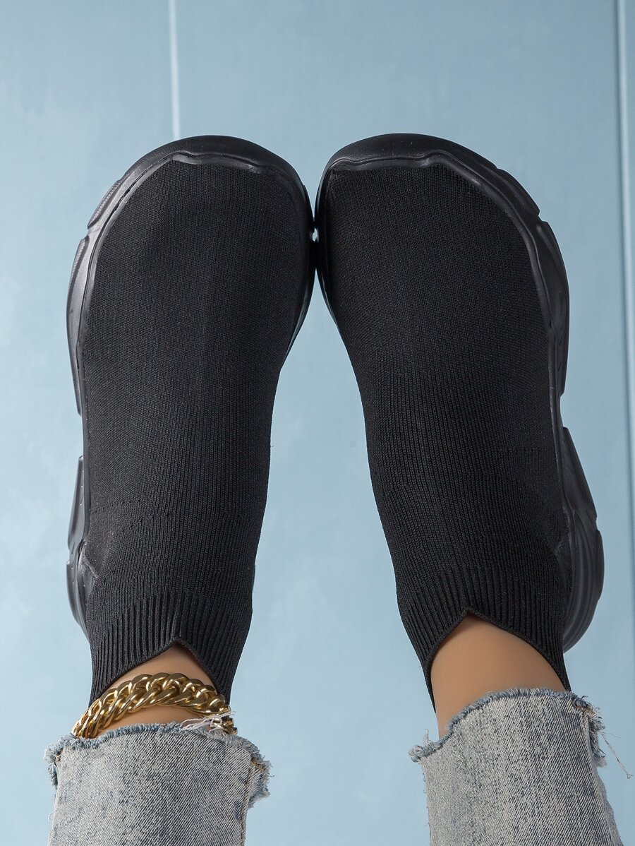 Của phụ nữ Tối giản Đen Thời gian rảnh rỗi Dệt kim Vớ Giày dép , High Top Bằng phẳng Một Chân Giày lười Giày bốt vớ Đối với Ngoài trời - màu đen - Xem 1