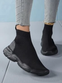 Của phụ nữ Tối giản Đen Thời gian rảnh rỗi Dệt kim Vớ Giày dép , High Top Bằng phẳng Một Chân Giày lười Giày bốt vớ Đối với Ngoài trời - màu đen - Xem 5