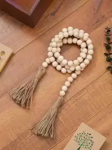 1pc Farmhouse Style Wooden Bead Garland With Tassel And Wreath, Bohemian Prayer Bead Wall Hanging For Rustic Decoration Best Gifts Rama Decoration Rama - Khaki - View 1