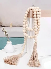 1pc Farmhouse Style Wooden Bead Garland With Tassel And Wreath, Bohemian Prayer Bead Wall Hanging For Rustic Decoration Best Gifts Rama Decoration Rama - Khaki - View 2