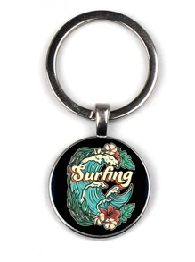 1 móc khóa hình tròn họa tiết sóng biển cho nữ - Bạc - Xem 1