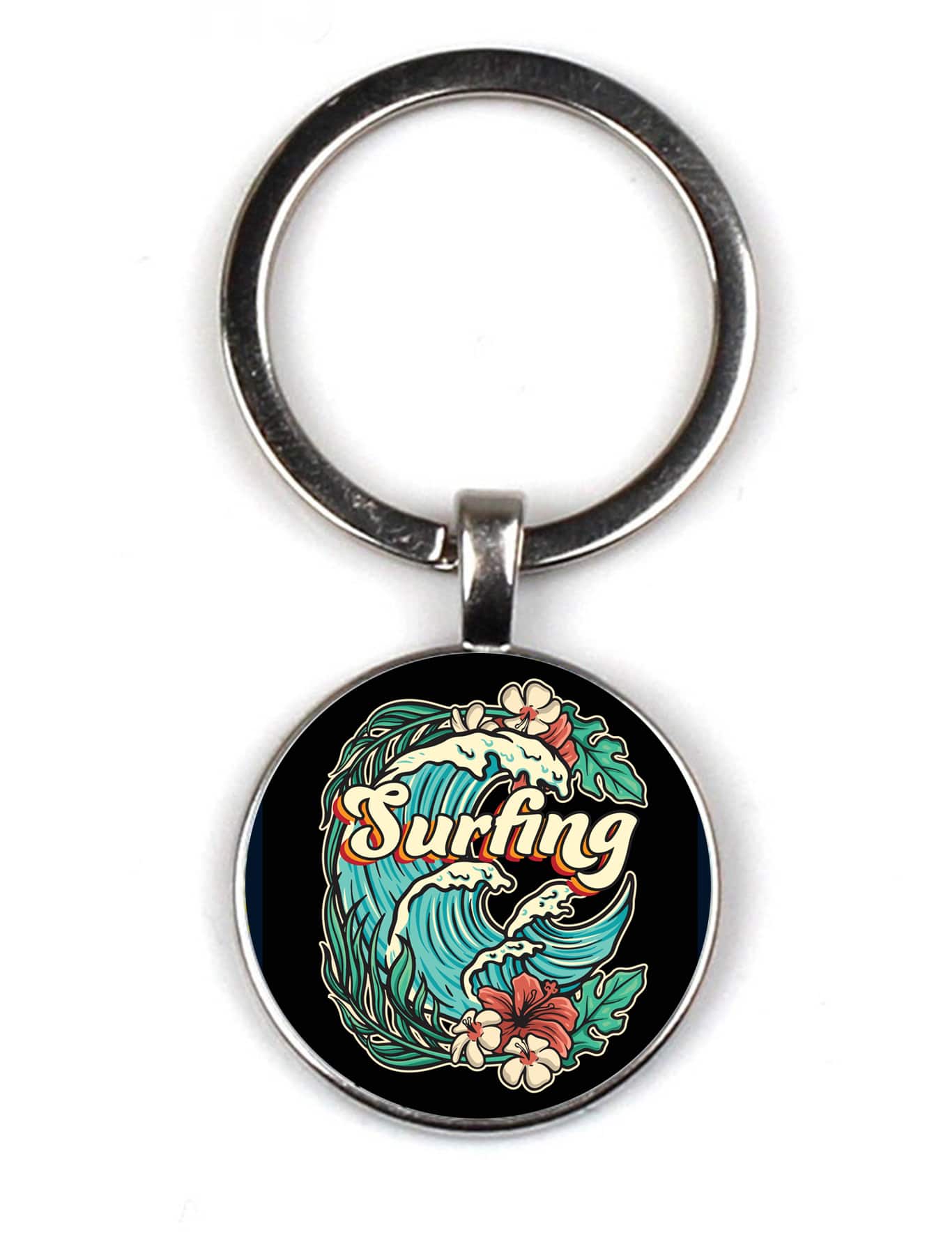 1 móc khóa hình tròn họa tiết sóng biển cho nữ - Bạc - Xem 1