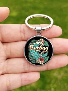 1 móc khóa hình tròn họa tiết sóng biển cho nữ - Bạc - Xem 2