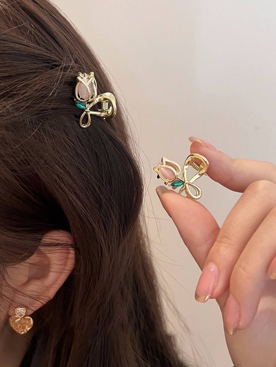 2 chiếc kẹp tóc mini hình hoa đính đá thời trang dành cho nữ dùng hàng ngày ngày lễ tình nhân dễ thương - Hồng - Xem 1