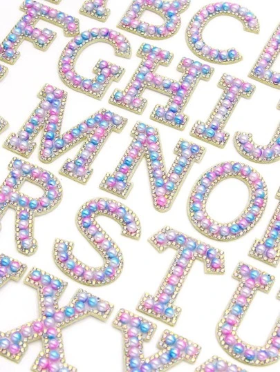 Pink Blue 26 English Letters Pearl Rhinestone Patches For Clothes A-Z Alphabet Pearl Rhinestones Applique Sew On/Glue On Patches DIY Name
