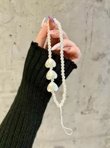 Heart Decor Beaded Phone Lanyard - White - View 2