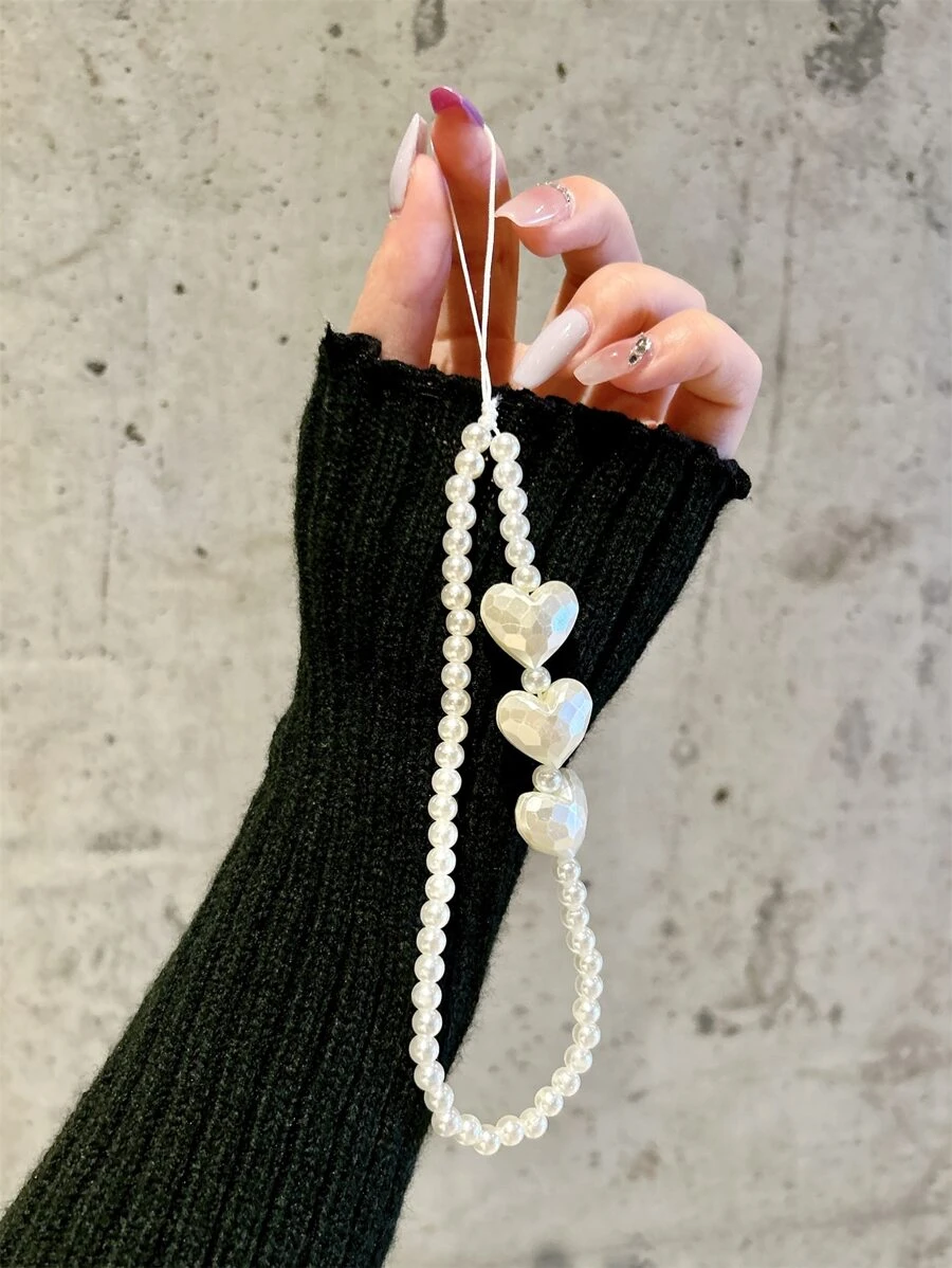 Heart Decor Beaded Phone Lanyard - White - View 1
