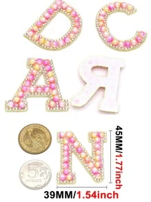 Rose Champagne 26 English Letters Pearl Rhinestone Patches For Clothes A-Z Alphabet Pearl Rhinestones Applique Sew On/Glue On Patches DIY Name - Hot Pink - View 2