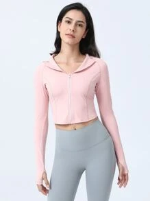 Zip Up Crop Sports Jacket With Thumb Holes - Pink - View 3