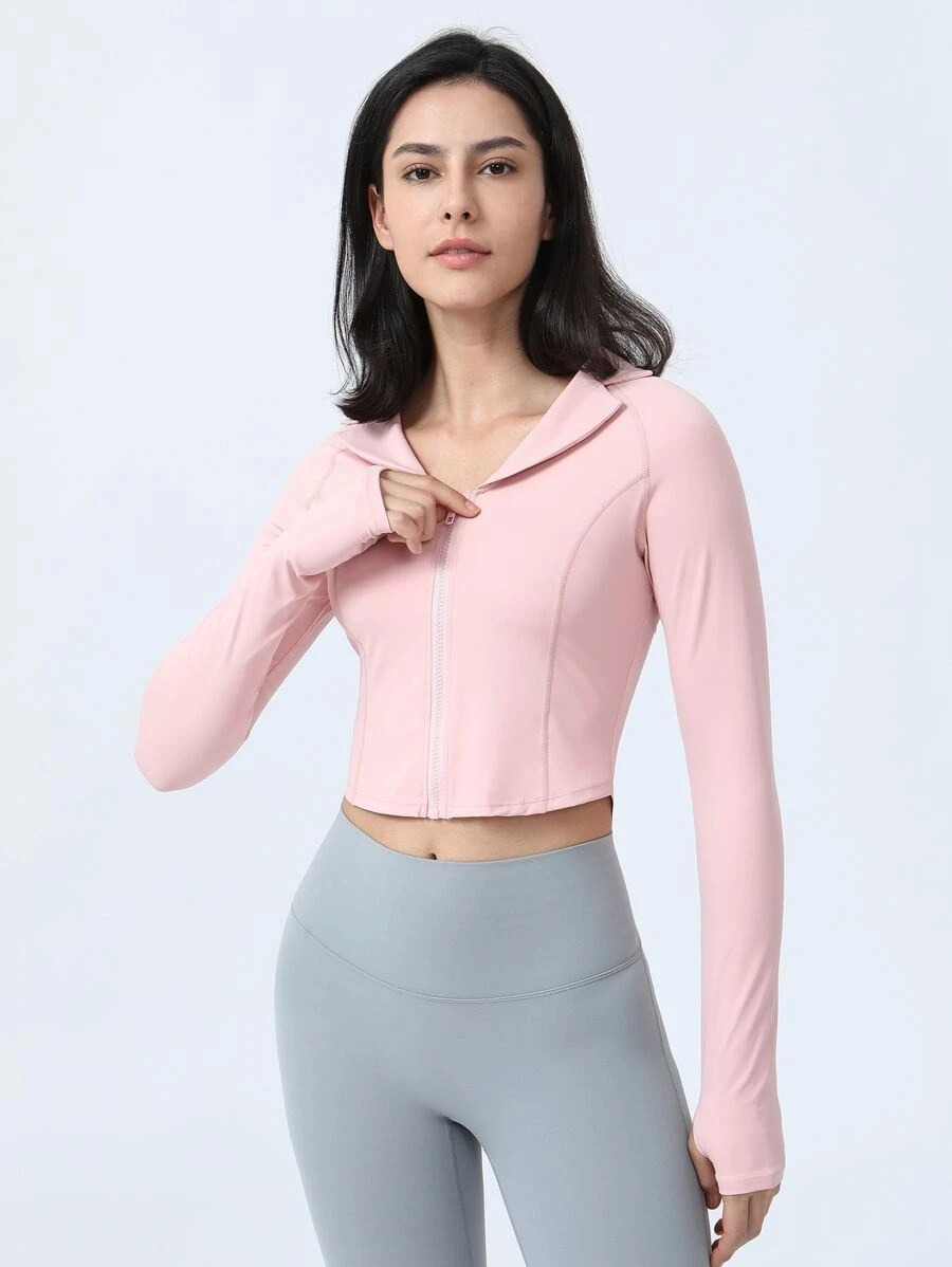 Zip Up Crop Sports Jacket With Thumb Holes - Pink - View 1