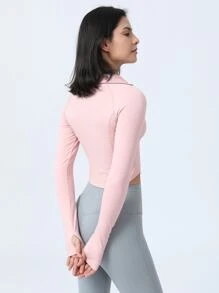 Zip Up Crop Sports Jacket With Thumb Holes - Pink - View 2