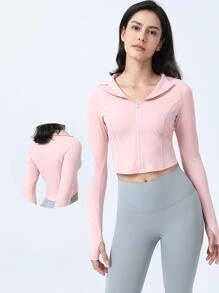 Zip Up Crop Sports Jacket With Thumb Holes - Pink - View 6