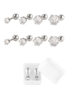 1 par de pendientes de aro pequeños de acero inoxidable con diseño redondo y colorido para mujeres, joyas para orejas perforadas - Plateado - Ver 1