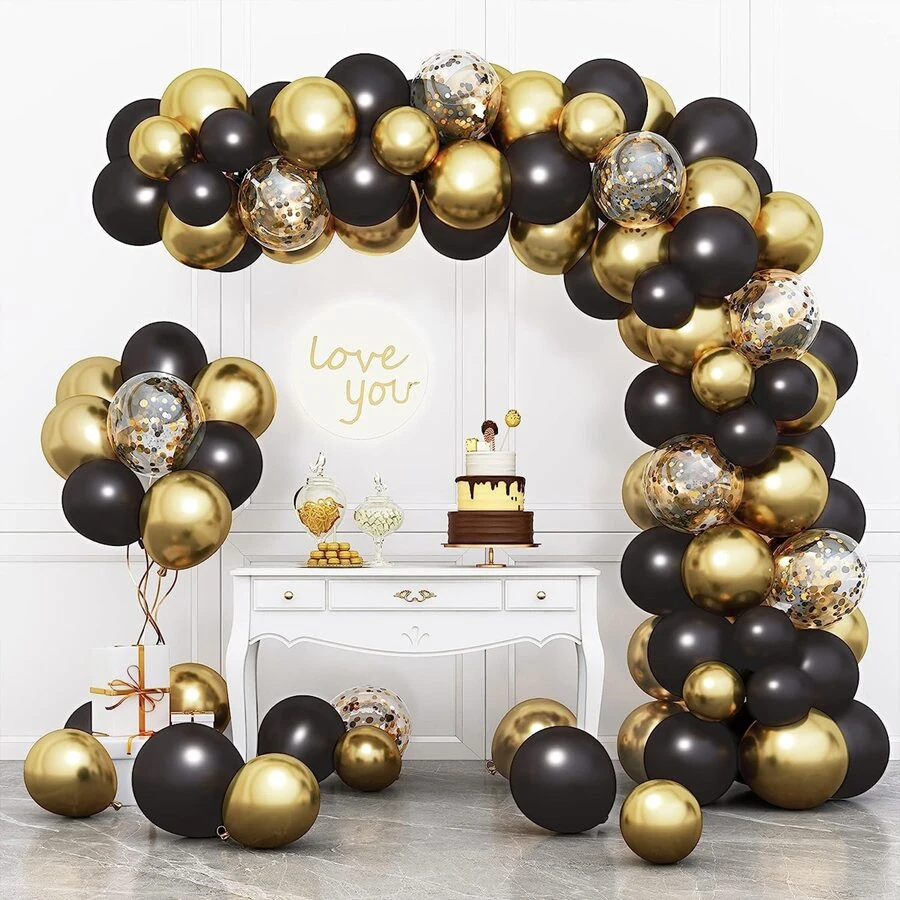 10/51pcs Black & Gold Balloon Garland Arch Kit With Black, Gold, Multi-color Confetti Balloons, Ideal Decoration For Graduation, Birthday Party - Black - View 1