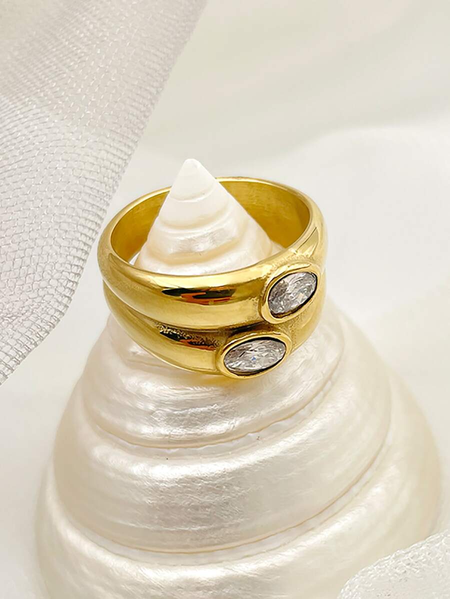 Mazuer 1pc Vintage & Fashionable & Simple Women's Stainless Steel Double Layer Ellipse White Cubic Zirconia Ring Suitable For Dating, Festival, Party, Daily Commuting - Yellow Gold - View 1