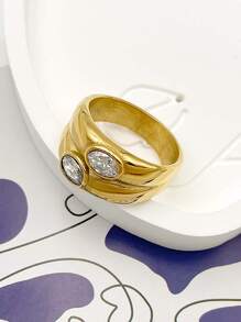 Mazuer 1pc Vintage & Fashionable & Simple Women's Stainless Steel Double Layer Ellipse White Cubic Zirconia Ring Suitable For Dating, Festival, Party, Daily Commuting - Yellow Gold - View 2