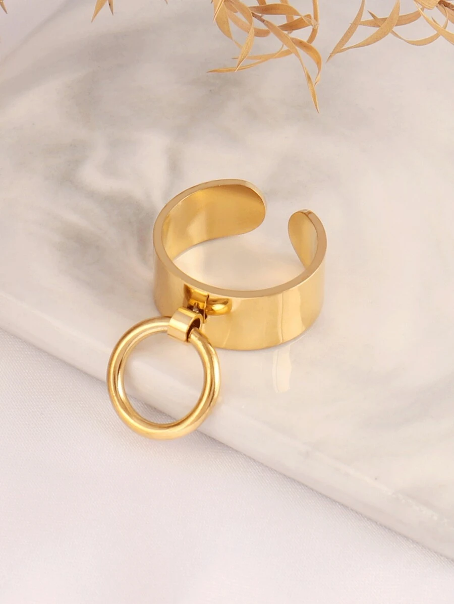 1pc Stainless Steel Ring, Round Pendant Ring, Open Ring For Men, Jewelry Gift For Women - Yellow Gold - View 1