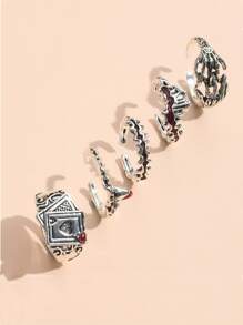 5 piezas/set Set anillos de estilo punk de mano de calavera de póquer para mujer - Plateado - Ver 2