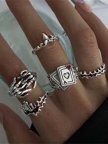 5 piezas/set Set anillos de estilo punk de mano de calavera de póquer para mujer - Plateado - Ver 1
