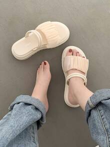 Preppy Slide Sandals For Women, Ruched Detail Flat Sandals - Beige - View 3