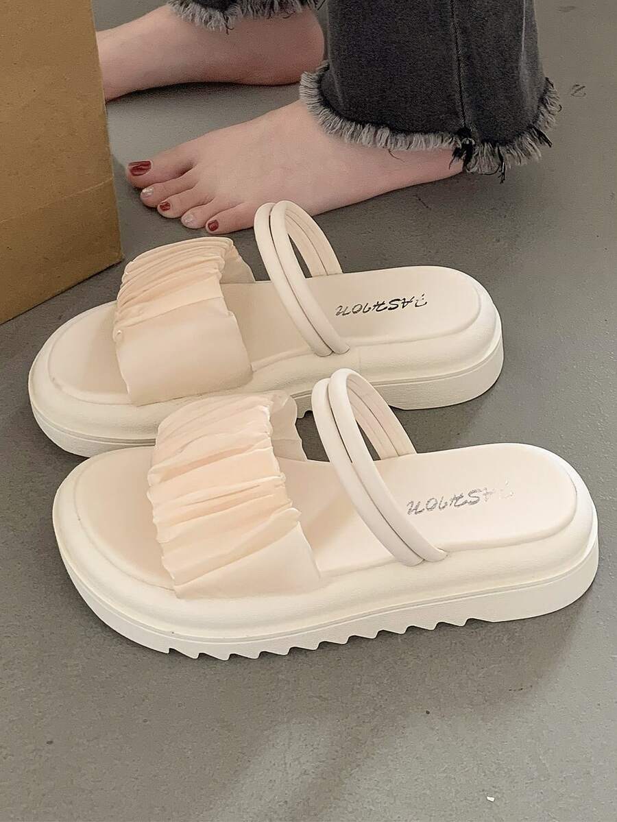 Preppy Slide Sandals For Women, Ruched Detail Flat Sandals - Beige - View 1