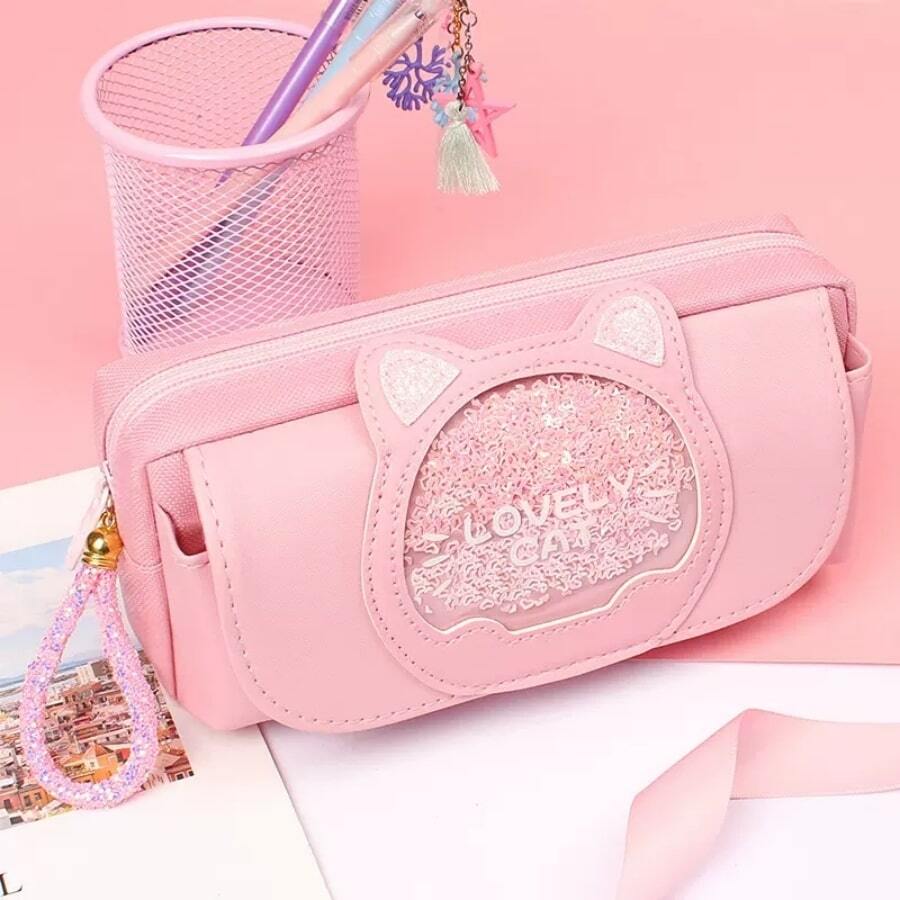 Pink Cat Head Pencil Bag - Pink - View 1