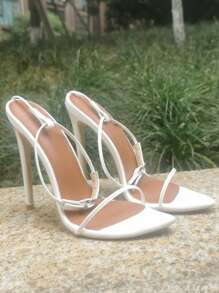 歐美時尚女士黑色腳踝帶超大宴會高跟涼鞋 - 白色 - 查看 6