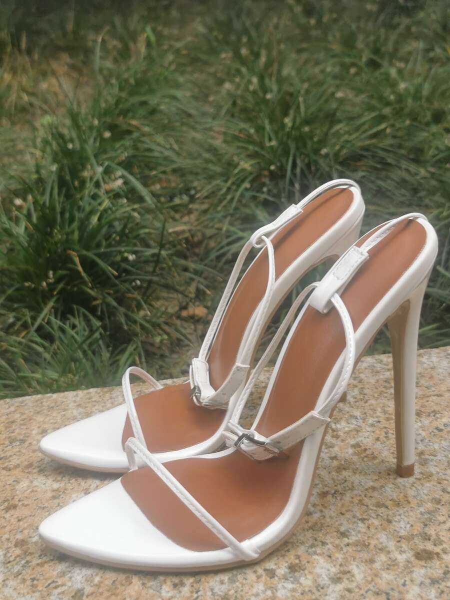 歐美時尚女士黑色腳踝帶超大宴會高跟涼鞋 - 白色 - 查看 1