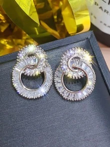 1 对奢华华丽银质双环水钻镶嵌派对耳环，适合女士，时尚优雅新颖配饰 - 銀色 - 查看 4
