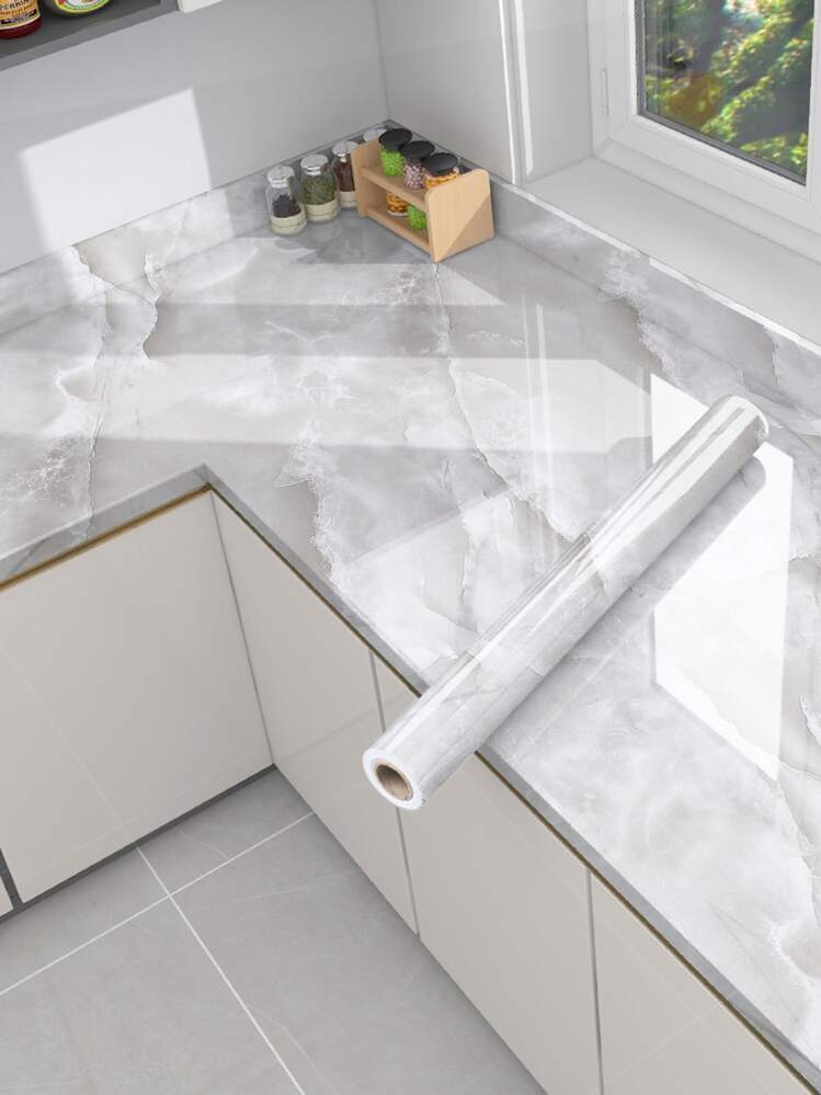 ملصق بنمط الرخام ذاتي اللصق لأسطح المطبخ، ملصقات، ديكور الحائط، ديكور فينيل لديكورات المنزل، عناصر ديكور الربيع لتجديد منزلك، ملصقات ديكور رامة - رمادي فاتح - مشاهدة 2
