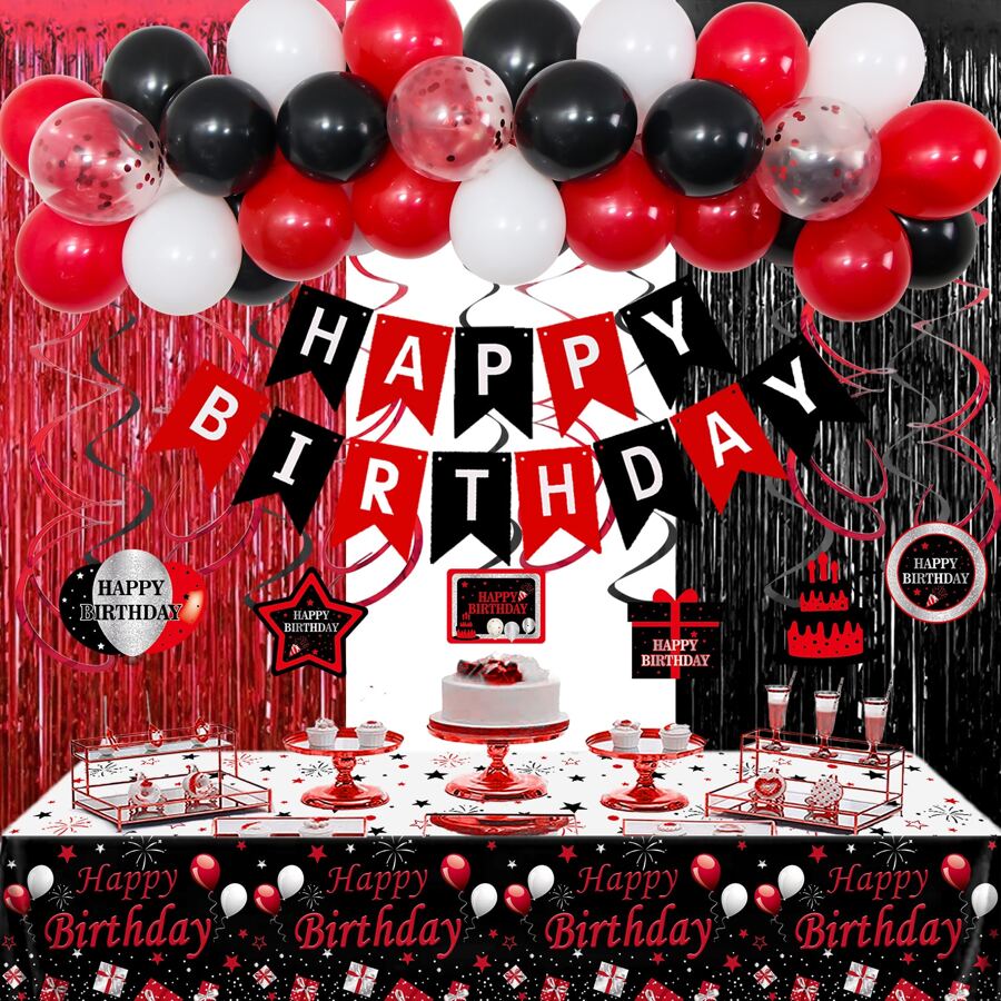 Birthday Decorations Red And Black For Men Women, Happy Birthday Party Decorations , Red Bday Party Supplies Birthday Tablecloth Balloons Foil Fringe Curtains Hanging Swirls Decor - 紅色 - 查看 1