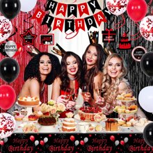 Birthday Decorations Red And Black For Men Women, Happy Birthday Party Decorations , Red Bday Party Supplies Birthday Tablecloth Balloons Foil Fringe Curtains Hanging Swirls Decor - 紅色 - 查看 2