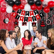 Birthday Decorations Red And Black For Men Women, Happy Birthday Party Decorations , Red Bday Party Supplies Birthday Tablecloth Balloons Foil Fringe Curtains Hanging Swirls Decor - 紅色 - 查看 4