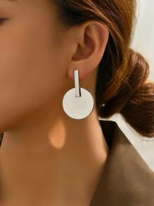 1pair Women's Round Plate Design Decor Earrings - Silver - View 2