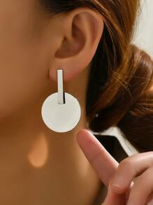 1pair Women's Round Plate Design Decor Earrings - Silver - View 1