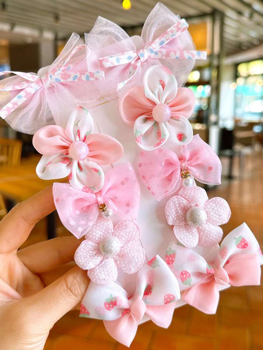 paquete de 10 horquillas con flores de malla para niñas, accesorios para el cabello sin daño que incluyen horquillas de snap y horquillas con lazos, accesorios rosas, regalos de San Valentín - Rosa - Ver 1