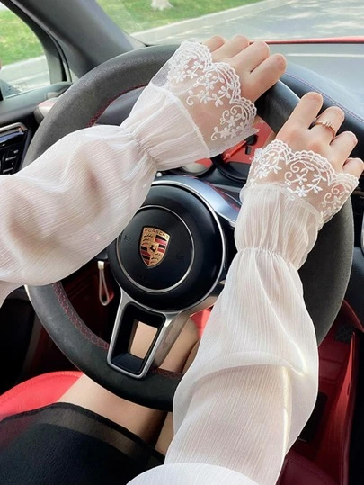 1 Pair Ladies' Flower Embroidery Velvet Arm Sleeves With Lace Cuffs For Sun Protection, Fashionable Accessory For Everyday Wear Valentine's Day Valentines