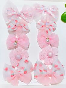 paquete de 10 horquillas con flores de malla para niñas, accesorios para el cabello sin daño que incluyen horquillas de snap y horquillas con lazos, accesorios rosas, regalos de San Valentín - Rosa - Ver 3