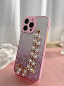 Sequin Decor Phone Case With Faux Pearl Hand Strap - Pink - View 1