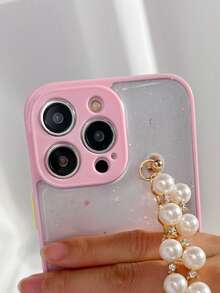 Sequin Decor Phone Case With Faux Pearl Hand Strap - Pink - View 5