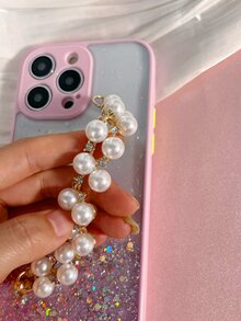Sequin Decor Phone Case With Faux Pearl Hand Strap - Pink - View 6