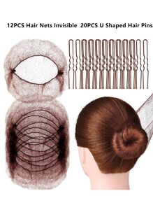 Set de 12 redecillas de pelo invisibles y 20 horquillas en forma de U, 12 redecillas de pelo de 50 cm de color marrón con borde elástico de malla y 20 pasadores para moños para mujeres, niñas, creador de moños de ballet, danza (marrón)