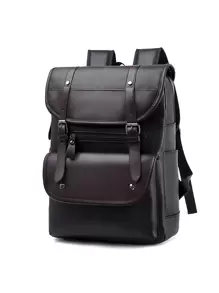 純色翻蓋鉗口裝飾大容量多功能背包，帶肩帶，適用於父親節禮物、夏季大學生書包，返校多功能宿舍大學生書包 - 黑色 - 查看 1